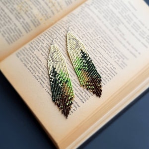 Landscape Beaded Earrings Shoulder duster earrings Green Brown forest & moon fringe earrings