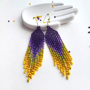 Purple and Yellow Beaded Earrings – Boho Fringe Dangle, Seed Bead Jewelry, Statement Long Earrings, Handmade Gift