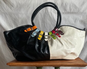 90's 00's vintage black / white buckle shoulder bag tote bag