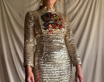 Rare! 1960s 1970s full length sequined ball gown, long sleeve dress with sequined dragon