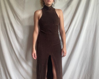 90s stretch brown crewneck sleeveless maxi bodicon dress