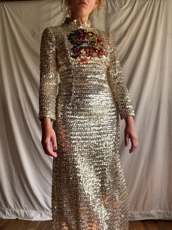 Rare! 1960s 1970s full length sequined ball gown, 