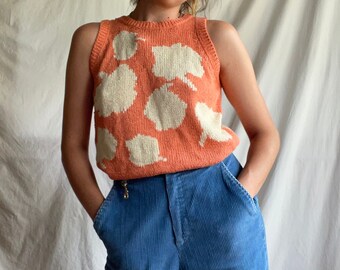 vintage 1980's liz claiborne sleeveless summer knit sweater, apple peach print