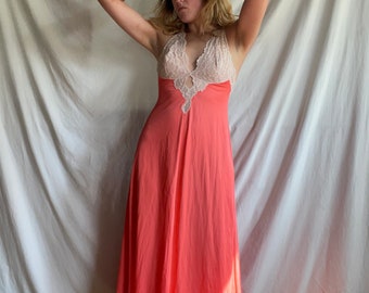 vintage 60s coral negligee with ecru lace bodice, long sexy nightgown, ecru sheer back