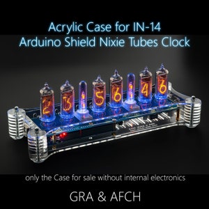 Könnte beinhalten: Ein transparentes Acrylgehäuse für eine IN-14 Arduino Shield Nixie Tubes Uhr. Das Gehäuse wird ohne die interne Elektronik verkauft. Die Uhrzeit wird auf dem Zifferblatt als 23:56:46 angezeigt.