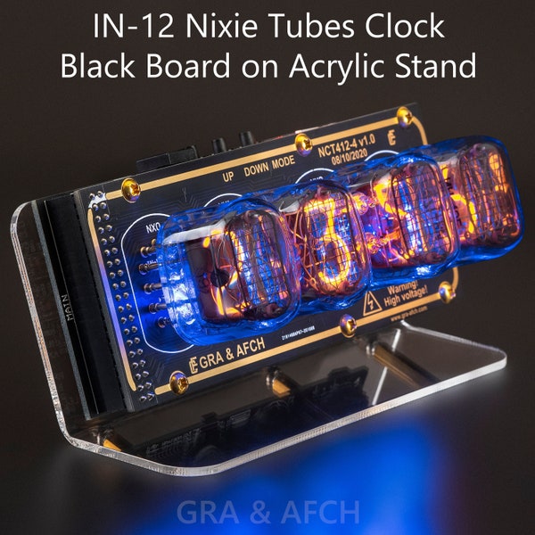 IN-12 Nixie Tubes Clock on Acrylic Stand with Sockets [Tubes, Power Supply] [4 TUBES] Black Boards