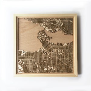 Vancouver Holz Karte - Pinewood Laser Cut Straßen Stadt Karten 3d gerahmt Minimal Minimalist Wand Kunst Holz - Geburtstag Weihnachten Hochzeitsgeschenk