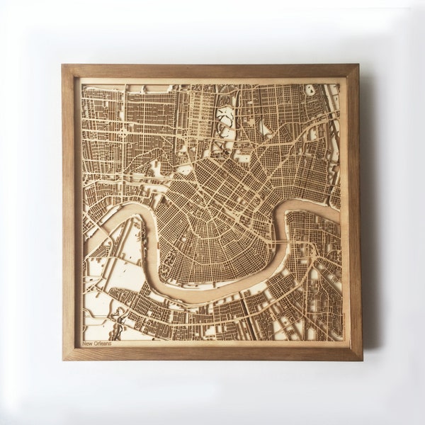 New Orleans Wooden Map - Walnut Laser Cut Wood Streets City Maps 3d Framed Minimal Minimalist Wall Art -Birthday Christmas Wedding Gift