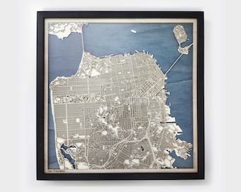 San Francisco Wood Map - 5th Anniversary Gift - Custom Wooden Map Laser Cut Framed Maps Wall Art - Wedding Engagement Gift for Couple