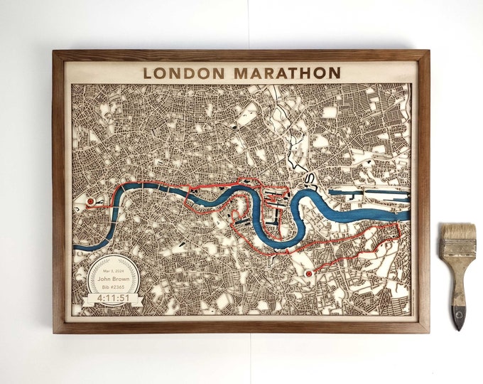 London Marathon Runner's Map - 3D Laser Cut Wood Art