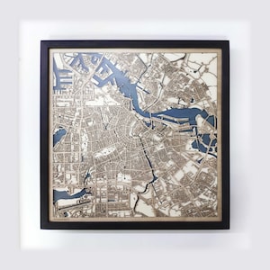 Houten kaart van Amsterdam - cadeau 5e verjaardag - aangepaste houten kaart lasergesneden ingelijste kaarten muurkunst - verlovingscadeau bruiloft voor stel