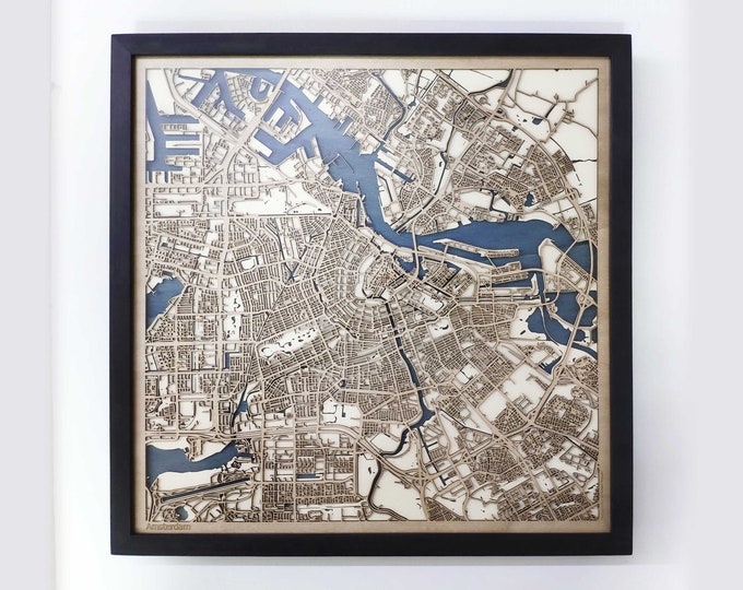 Amsterdam Wood Map - 5th Anniversary Gift - Custom Wooden Map Laser Cut Framed Maps Wall Art - Wedding Engagement Gift for Couple