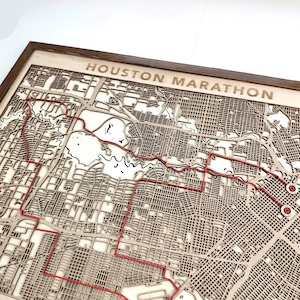 Houten kaart marathon Houston - 3D lasergesneden houten kaart