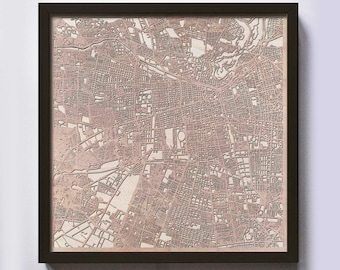 Santiago Wood Map – Laser Cut Framed City Streets, Anniversary Gift