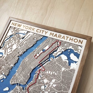 Houten kaart marathon New York City - 3D lasergesneden houten kaart