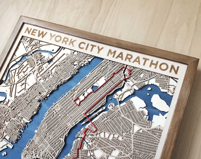 New York City Marathon Wood Map - 3D Laser Cut Wooden Map