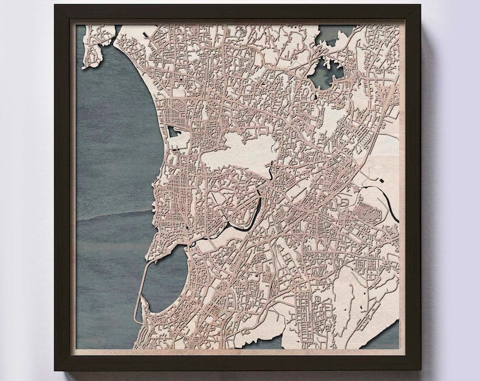 Mumbai Wood Map - 5th Anniversary Gift - Custom Wooden Map Laser Cut Framed Maps Wall Art - Wedding Engagement Gift for Couple