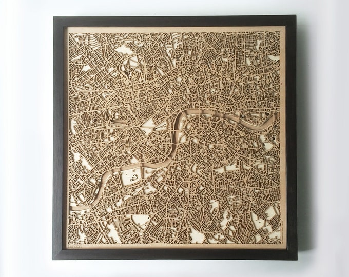 Laser Cut London Wooden Map – Framed Minimalist 3D Wall Art