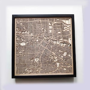 Houston Wood Map 5th Anniversary Gift Custom Wooden Map Laser Cut Framed Maps Wall Art Wedding Engagement Gift for Couple image 1