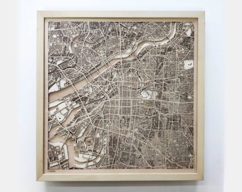 Osaka Wooden Map -Laser Cut Wood Streets City Maps 3d Framed Minimal Minimalist Wall Art - Birthday Anniversary Christmas Wedding Gift