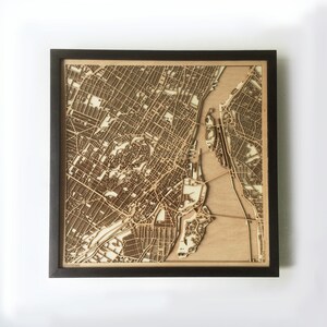 Carte en bois de Montréal - rues découpées au laser noir, cartes de la ville 3D encadré art mural minimaliste en bois - cadeau d'anniversaire de mariage de Noël
