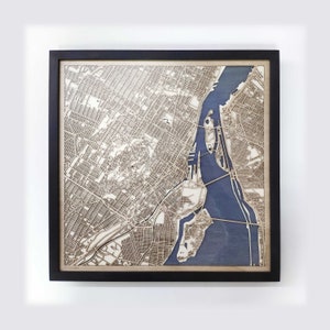 Carte en bois de Montréal - cadeau 5e anniversaire - carte en bois personnalisée découpée au laser encadrée cartes art mural - cadeau de fiançailles de mariage pour couple