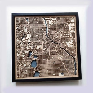 Minneapolis Wood Map 5th Anniversary Gift Custom Wooden Map Laser Cut Framed Maps Wall Art Wedding Engagement Gift for Couple image 1