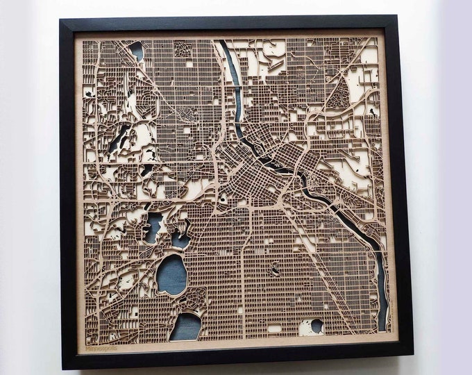 Minneapolis Wood Map - 5th Anniversary Gift - Custom Wooden Map Laser Cut Framed Maps Wall Art - Wedding Engagement Gift for Couple