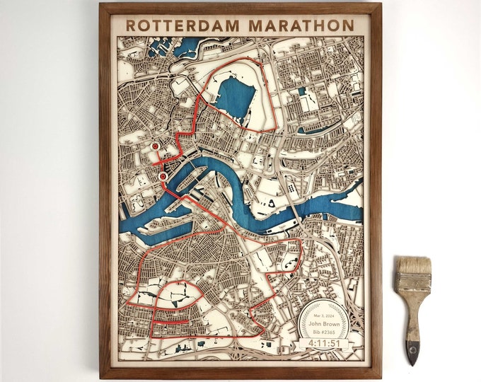 Rotterdam Marathon Runner's Map - 3D Laser Cut Wood Art