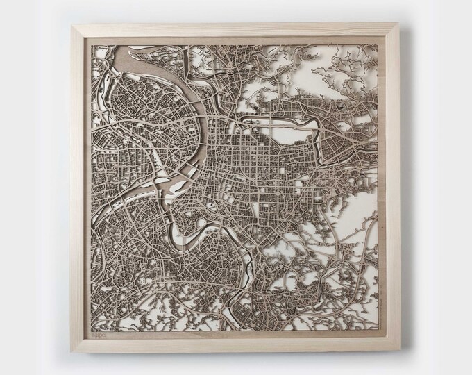 Taipei Wooden Map -Laser Cut Wood Streets City Maps 3d Framed Minimal Minimalist Wall Art - Birthday Anniversary Christmas Wedding Gift