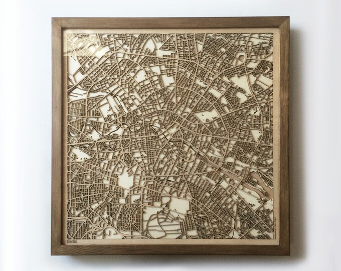 Berlin Wooden Map Wall Art – Laser Cut City Streets, Framed Walnut Finish