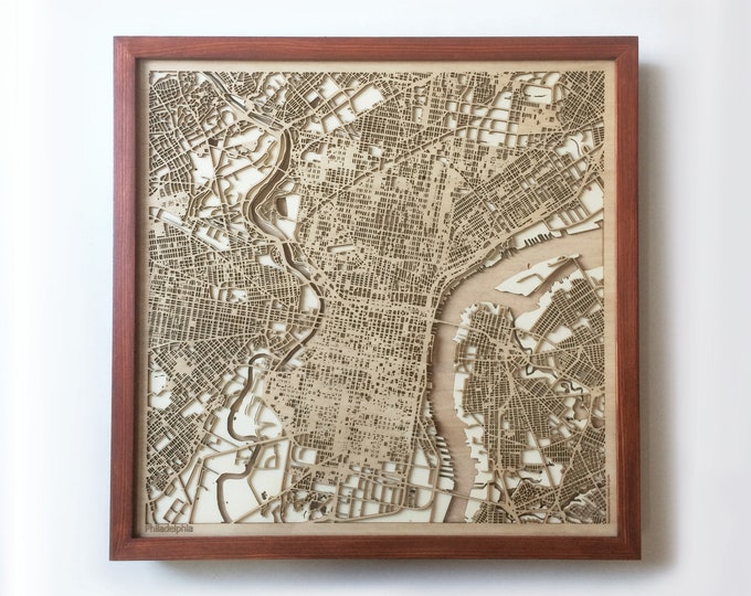 Philadelphia Wooden Map – 3D Laser Cut Mahogany Framed Wall Art