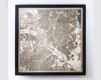 Dallas Wood Map - Laser Cut Custom Map Streets City 3d Framed Wooden Maps Travel Wall Art - Birthday Christmas Gift Wedding Gifts