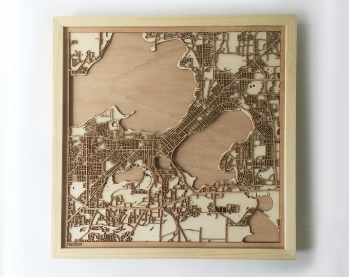 Madison Wooden Map -Laser Cut Wood Streets City Maps 3d Framed Minimal Minimalist Wall Art - Birthday Anniversary Christmas Wedding Gift