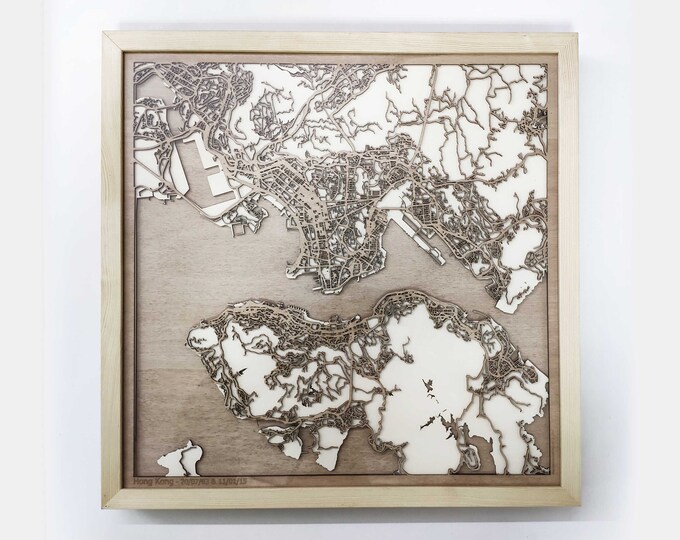 Hong Kong Wooden Map - Pinewood Laser Cut Streets City Maps 3d Framed Minimal Minimalist Wall Art Wood - Birthday Christmas Wedding Gift