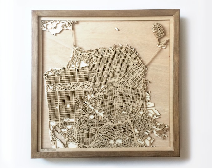 San Francisco Wooden Map – Framed Walnut Laser Cut City Streets