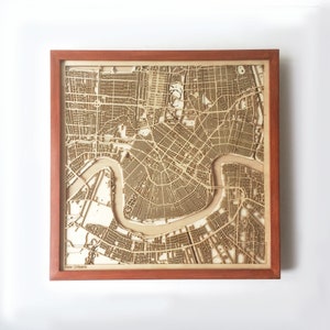 New Orleans Holzkarte - Mahagoni Lasergeschnittene Holzstraßen Stadt Karten 3d gerahmt Minimal Minimalistische Wandkunst -Geburtstag Weihnachten Hochzeitsgeschenk