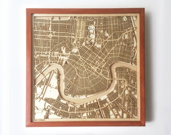 New Orleans Wooden Map - Mahogany Laser Cut Wood Streets City Maps 3d Framed Minimal Minimalist Wall Art -Birthday Christmas Wedding Gift