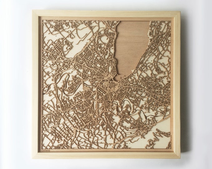 Geneva Wooden Map - Pinewood Laser Cut Streets City Maps 3d Framed Minimal Minimalist Wall Art Wood - Birthday Christmas Wedding Gift