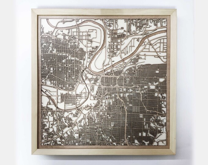 Kansas City Wooden Map - Laser Cut Wood Streets Maps 3d Framed Minimal Minimalist Wall Art - Birthday Anniversary Christmas Wedding Gift