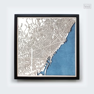 Carte en bois de Barcelone - cadeau 5e anniversaire - carte en bois personnalisée découpée au laser encadrée cartes art mural - cadeau de fiançailles de mariage pour couple
