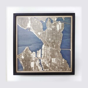 Houten kaart Seattle - cadeau 5e verjaardag - aangepaste houten kaart lasergesneden ingelijste kaarten muurkunst - verlovingscadeau bruiloft voor stel