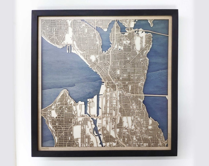 Seattle Wood Map - 5th Anniversary Gift - Custom Wooden Map Laser Cut Framed Maps Wall Art - Wedding Engagement Gift for Couple