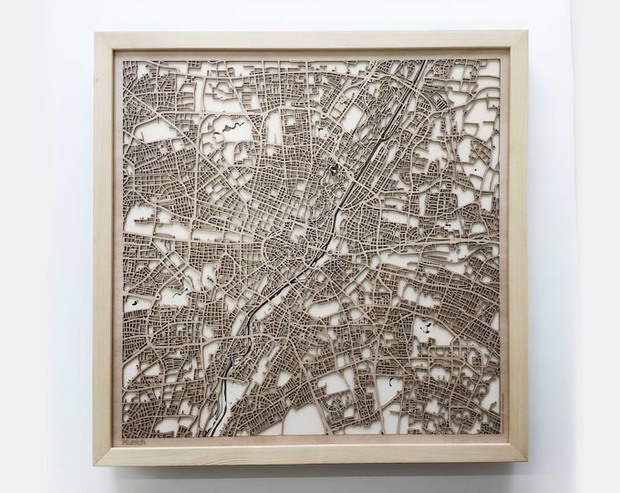 Munich Wooden Map -Laser Cut Wood Streets City Maps 3d Framed Minimal Minimalist Wall Art - Birthday Anniversary Christmas Wedding Gift