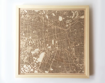 Santiago Wooden Map -Laser Cut Wood Streets City Maps 3d Framed Minimal Minimalist Wall Art - Birthday Anniversary Christmas Wedding Gift