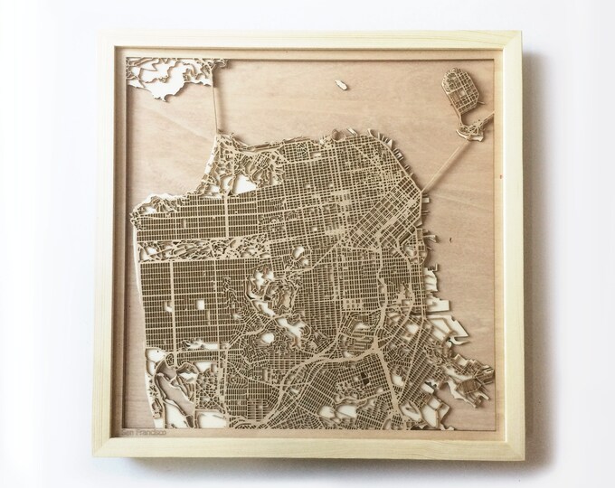 San Francisco Wooden Map - Pinewood Laser Cut Streets City Maps 3d Framed Minimal Minimalist Wall Art Wood - Birthday Christmas Wedding Gift