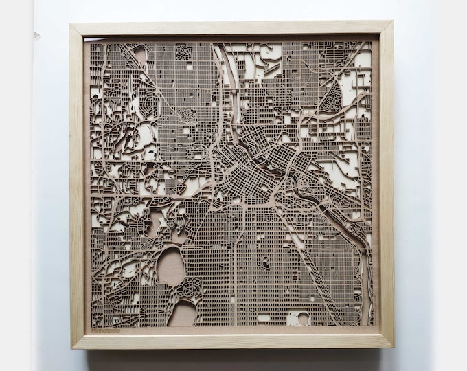 Minneapolis Wooden Map -Laser Cut Wood Streets City Maps 3d Framed Minimal Minimalist Wall Art - Birthday Anniversary Christmas Wedding Gift