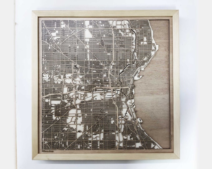 Milwaukee Wooden Map -Laser Cut Wood Streets City Maps 3d Framed Minimal Minimalist Wall Art - Birthday Anniversary Christmas Wedding Gift