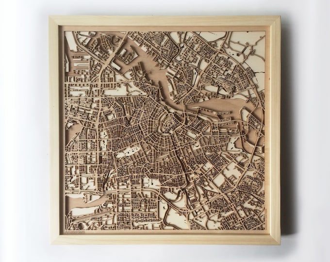 Amsterdam Wooden Map -Pinewood  Laser Cut Wood Streets City Maps 3d Framed Minimal Minimalist Wall Art - Birthday Christmas Wedding Gift