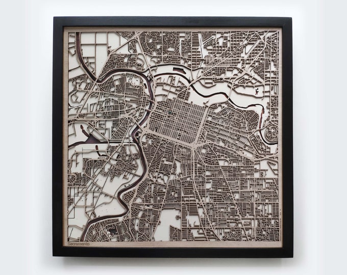 Sacramento Wooden Map -Laser Cut Wood Streets City Maps 3d Framed Minimal Minimalist Wall Art - Birthday Anniversary Christmas Wedding Gift